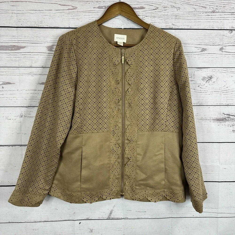 Chicos Jacket Womens Medium 1‎ Brown Faux Suede Lazer Cut Lined Camel Zip